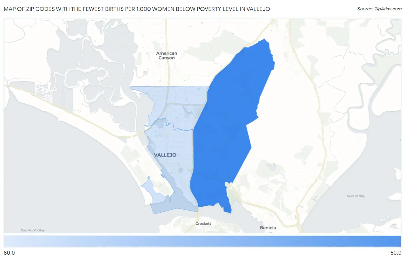 Zip Codes with the Fewest Births per 1,000 Women Below Poverty Level in Vallejo Map