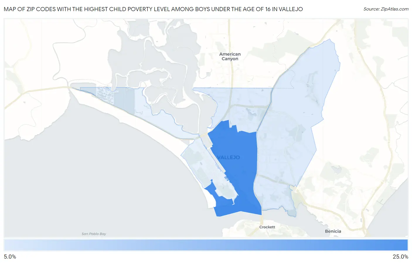 Zip Codes with the Highest Child Poverty Level Among Boys Under the Age of 16 in Vallejo Map