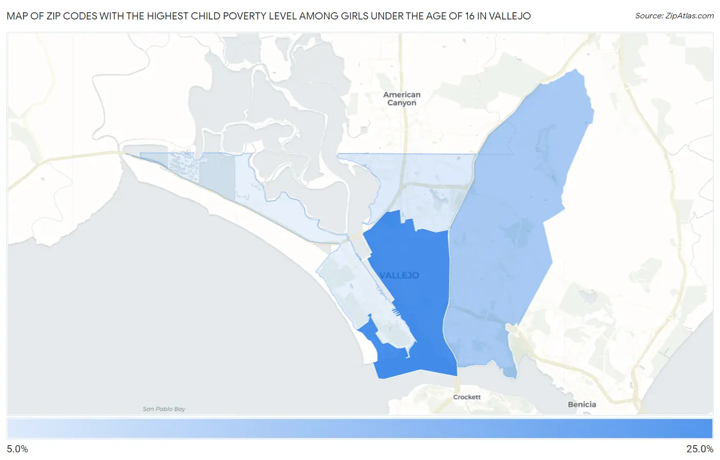 Zip Codes with the Highest Child Poverty Level Among Girls Under the Age of 16 in Vallejo Map