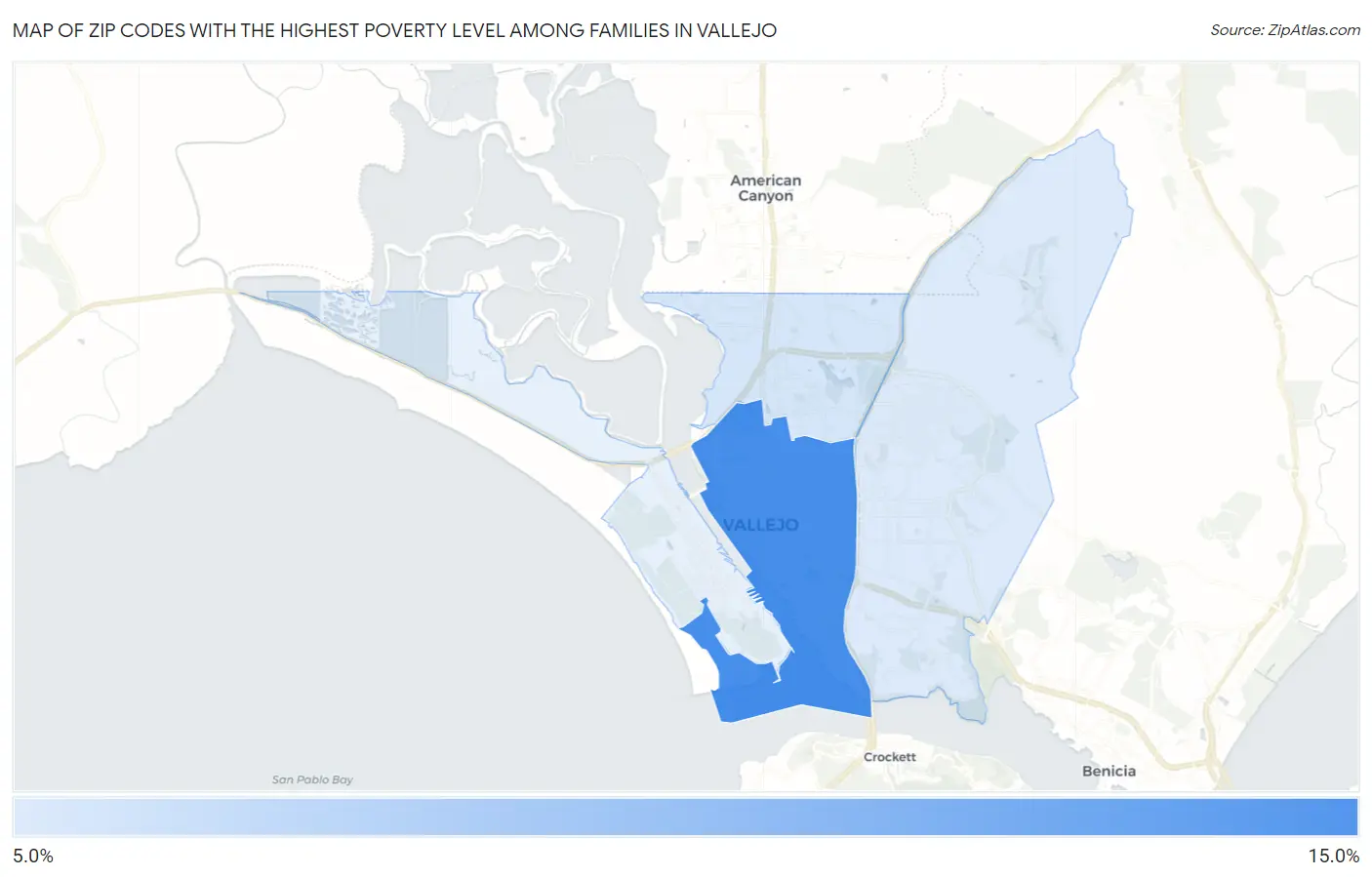 Zip Codes with the Highest Poverty Level Among Families in Vallejo Map