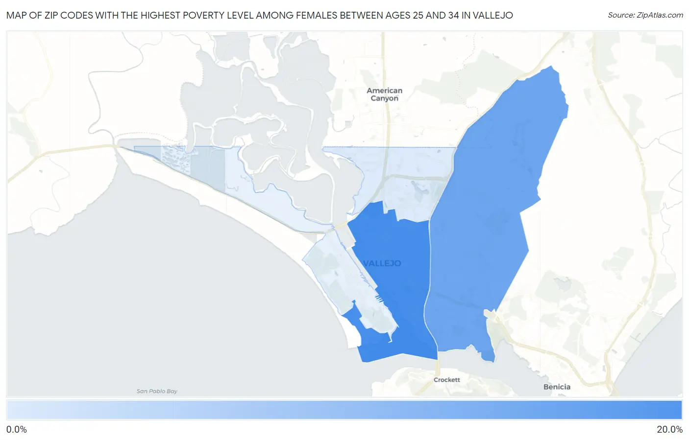 Zip Codes with the Highest Poverty Level Among Females Between Ages 25 and 34 in Vallejo Map