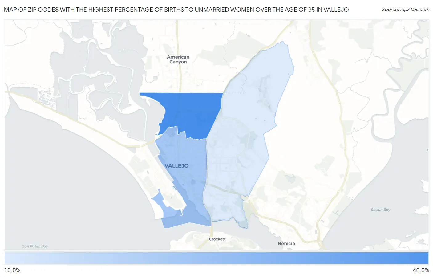 Zip Codes with the Highest Percentage of Births to Unmarried Women over the Age of 35 in Vallejo Map