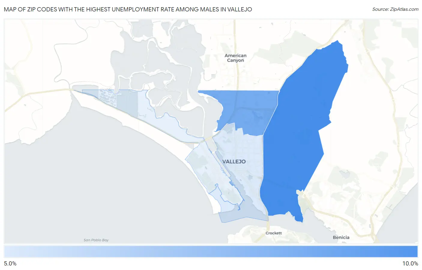 Zip Codes with the Highest Unemployment Rate Among Males in Vallejo Map
