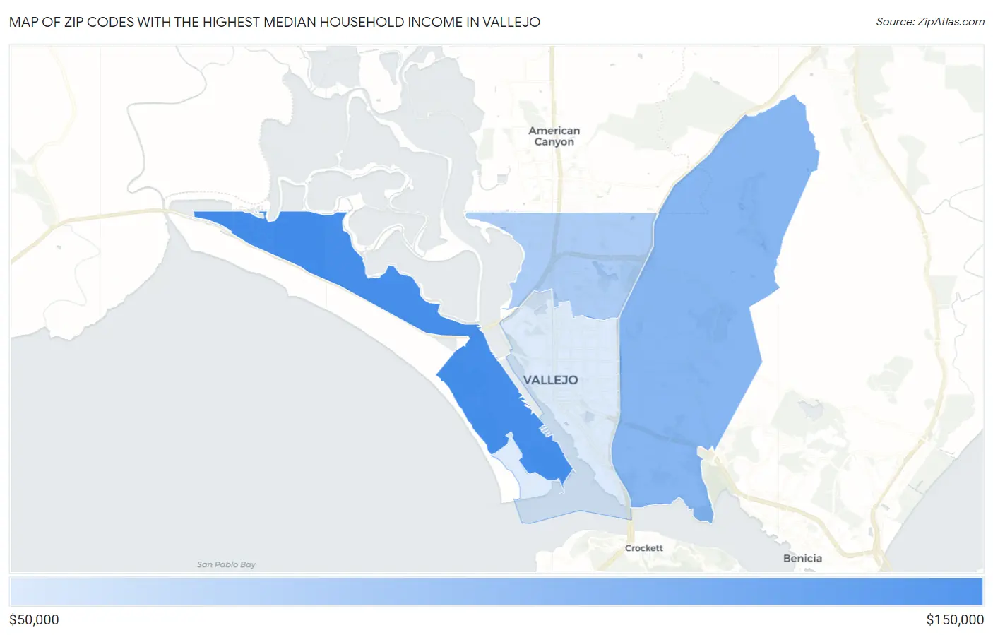 Zip Codes with the Highest Median Household Income in Vallejo Map