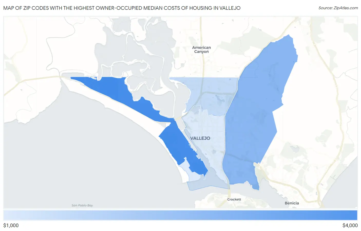Zip Codes with the Highest Owner-Occupied Median Costs of Housing in Vallejo Map