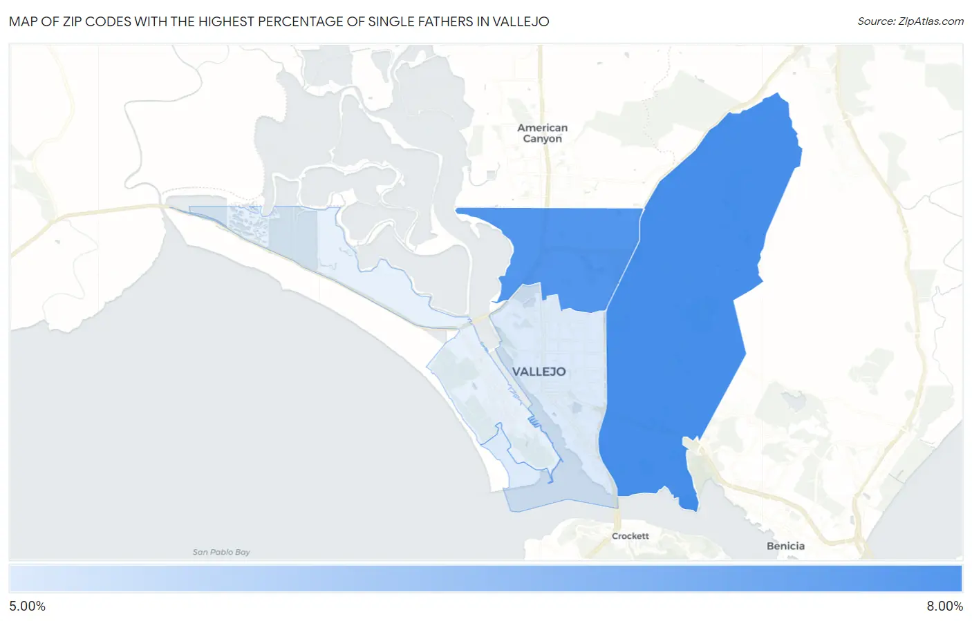 Zip Codes with the Highest Percentage of Single Fathers in Vallejo Map