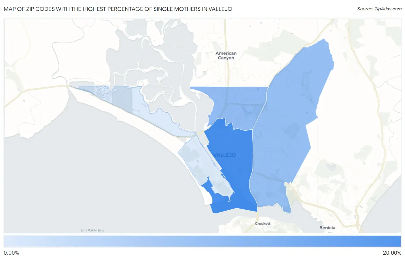 Zip Codes with the Highest Percentage of Single Mothers in Vallejo Map