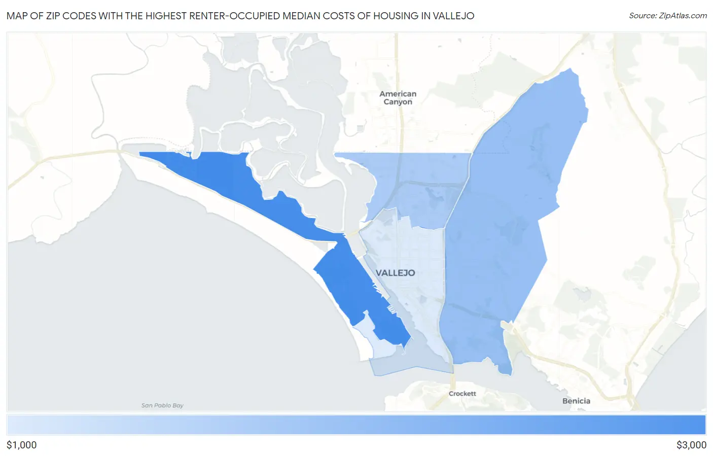 Zip Codes with the Highest Renter-Occupied Median Costs of Housing in Vallejo Map