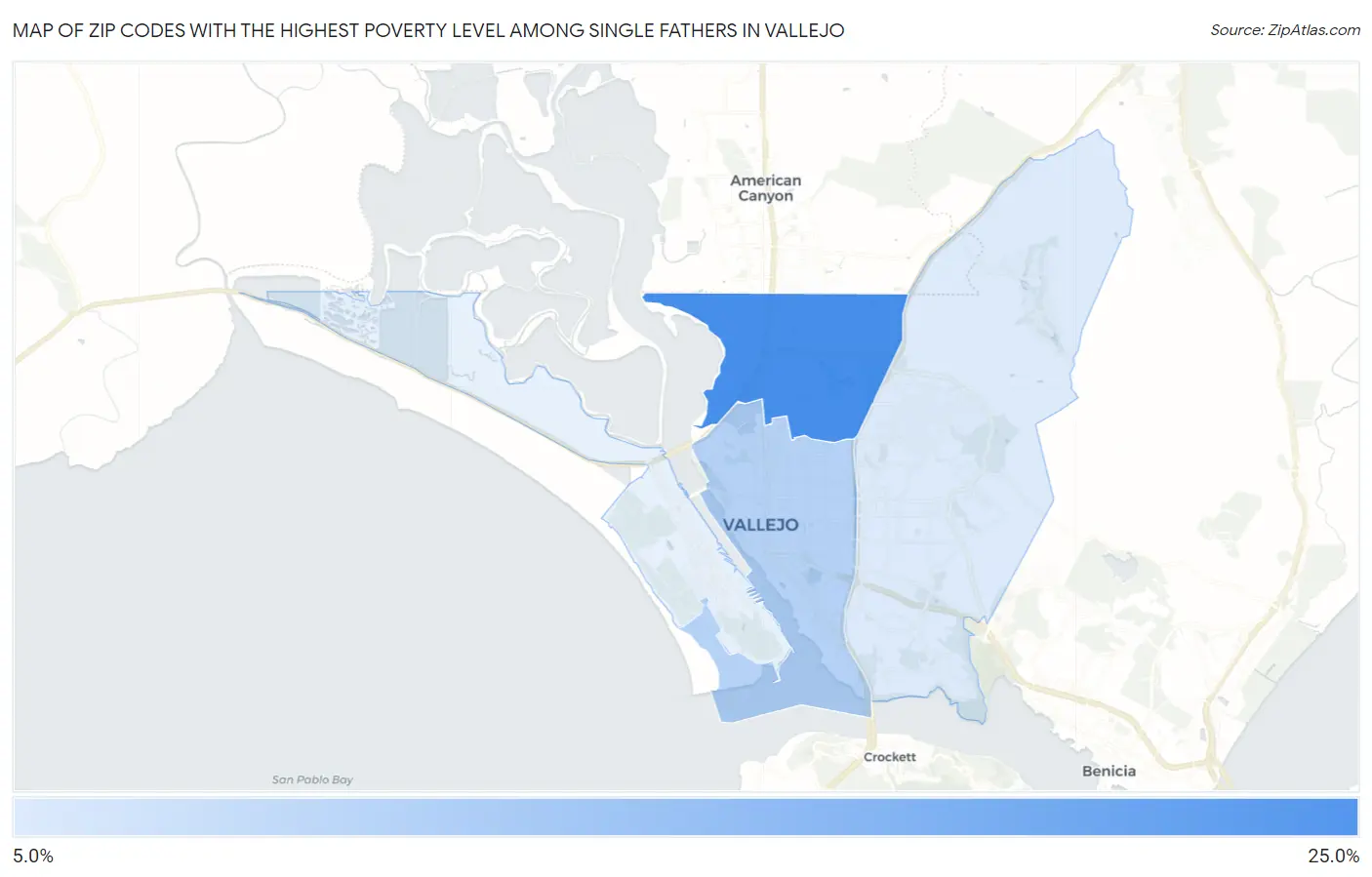 Zip Codes with the Highest Poverty Level Among Single Fathers in Vallejo Map