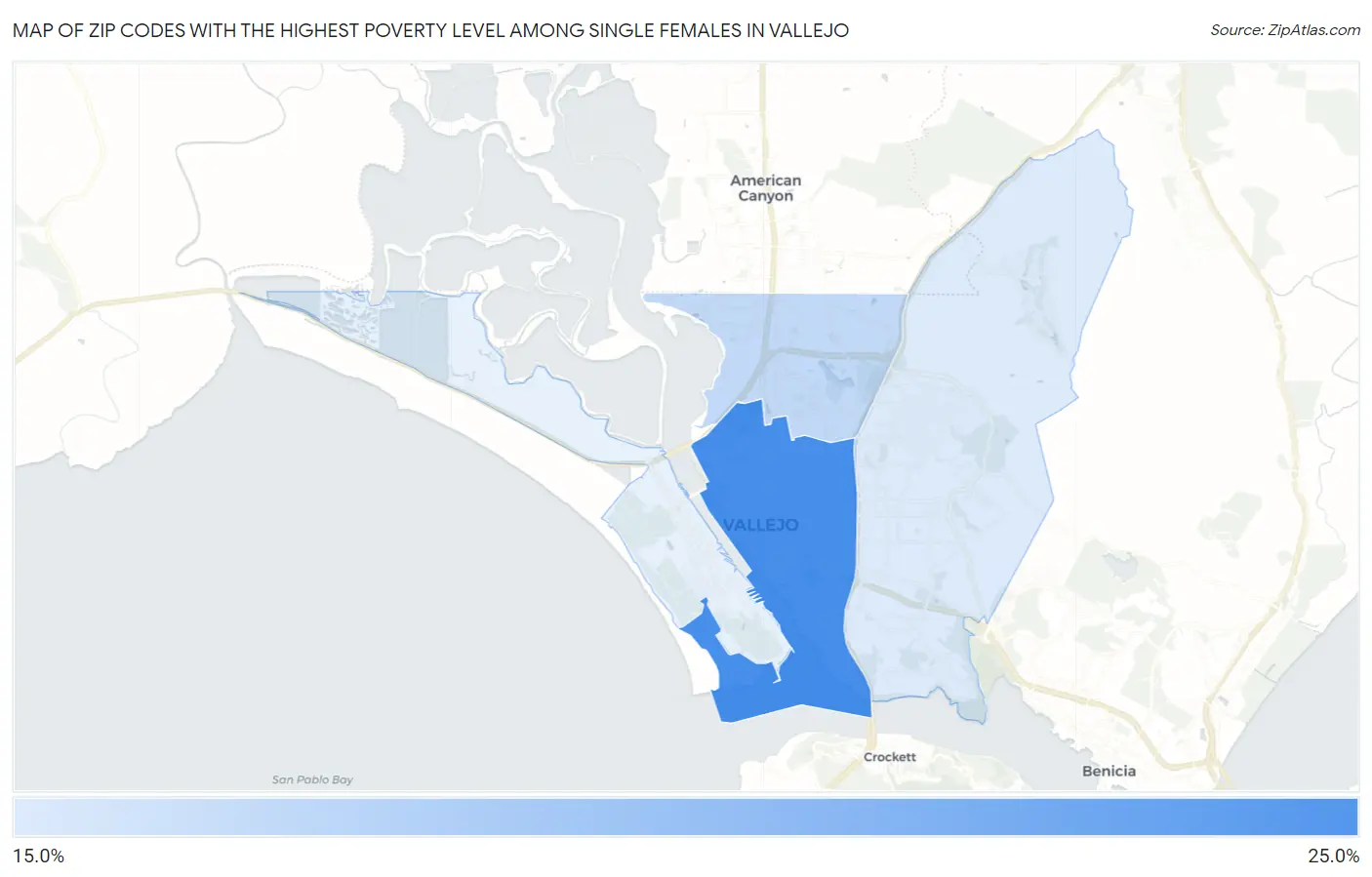 Zip Codes with the Highest Poverty Level Among Single Females in Vallejo Map