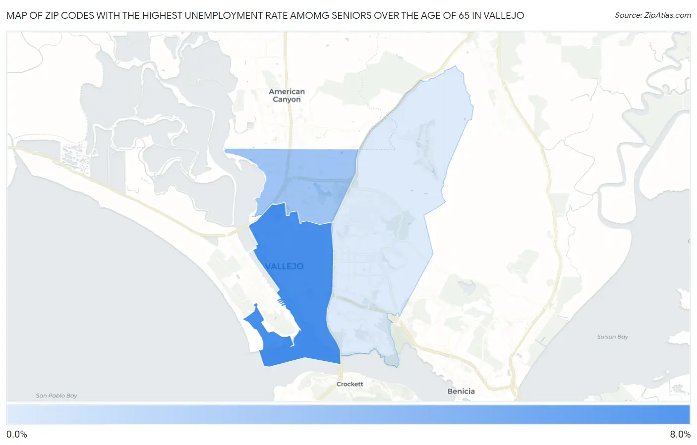 Zip Codes with the Highest Unemployment Rate Amomg Seniors Over the Age of 65 in Vallejo Map