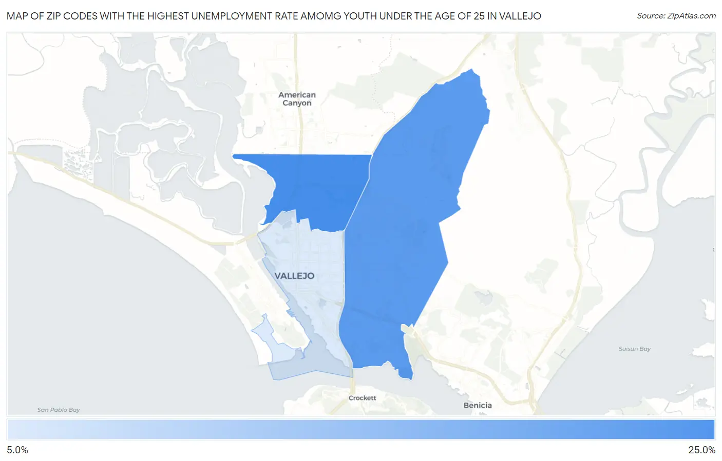 Zip Codes with the Highest Unemployment Rate Amomg Youth Under the Age of 25 in Vallejo Map