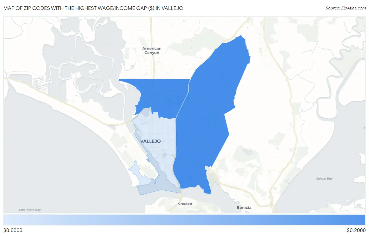 Zip Codes with the Highest Wage/Income Gap ($) in Vallejo Map