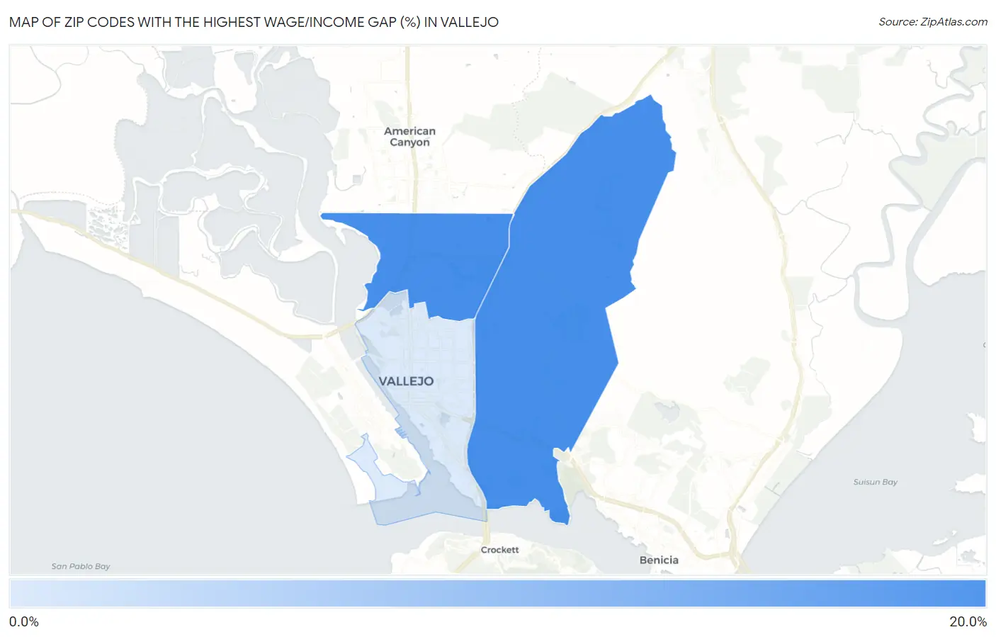 Zip Codes with the Highest Wage/Income Gap (%) in Vallejo Map
