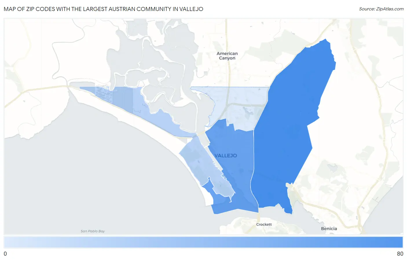 Zip Codes with the Largest Austrian Community in Vallejo Map