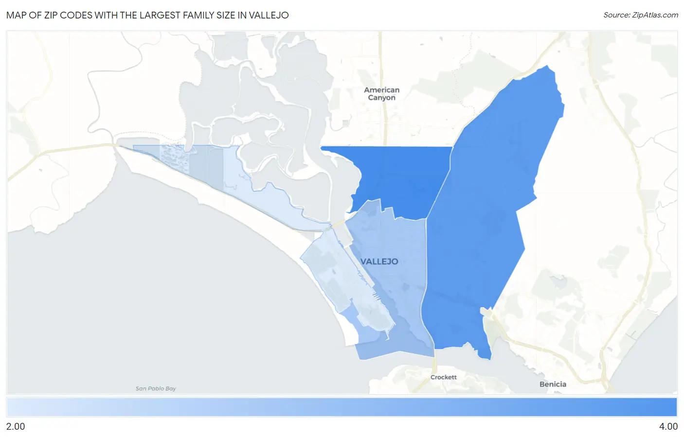 Zip Codes with the Largest Family Size in Vallejo Map