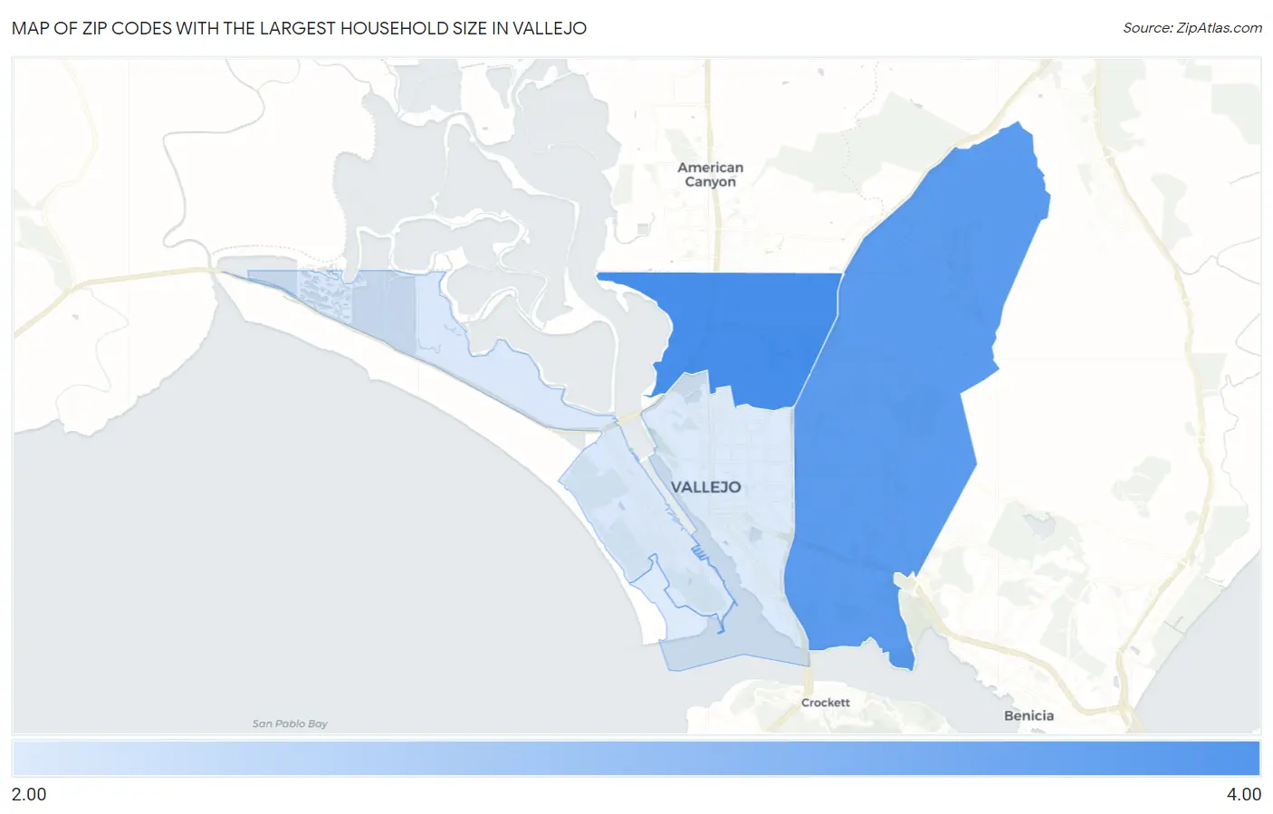 Zip Codes with the Largest Household Size in Vallejo Map