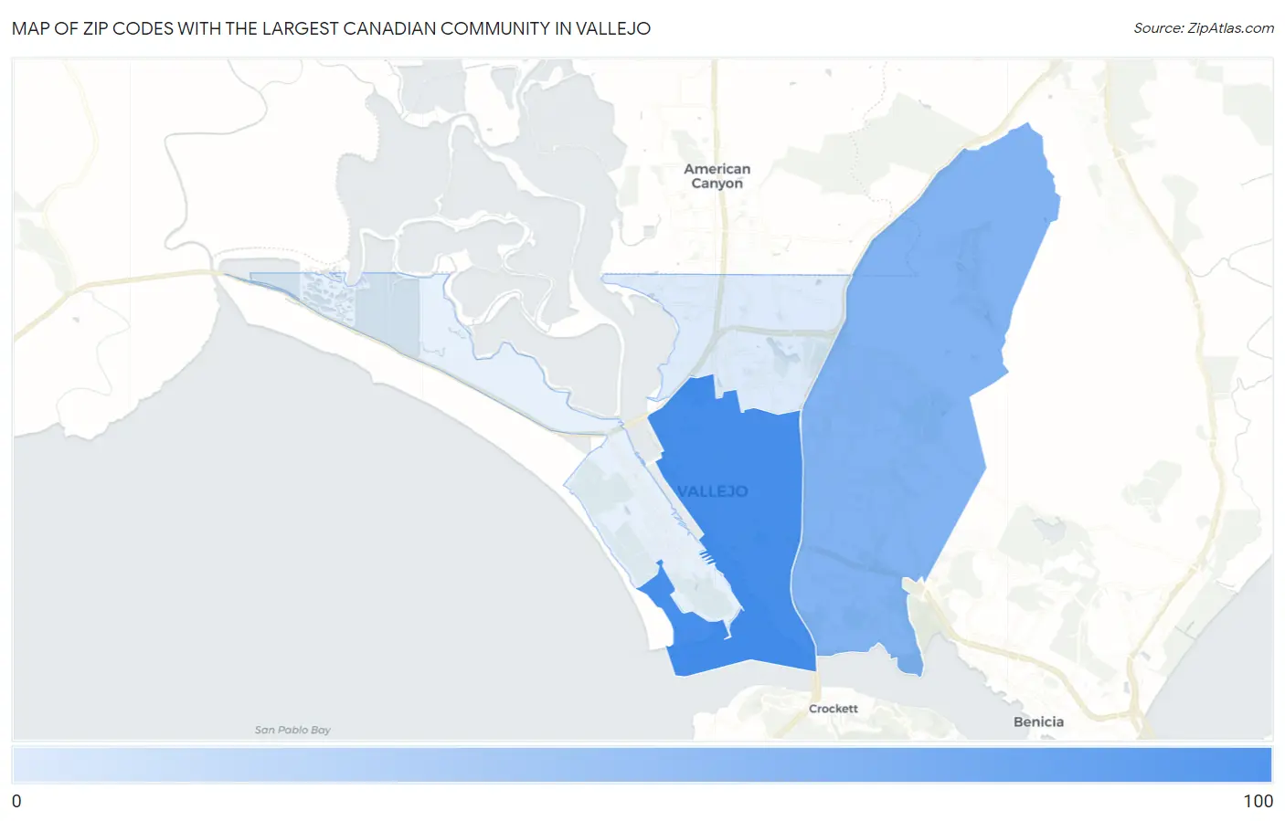 Zip Codes with the Largest Canadian Community in Vallejo Map