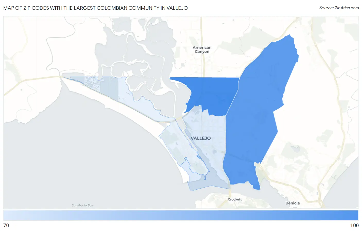 Zip Codes with the Largest Colombian Community in Vallejo Map
