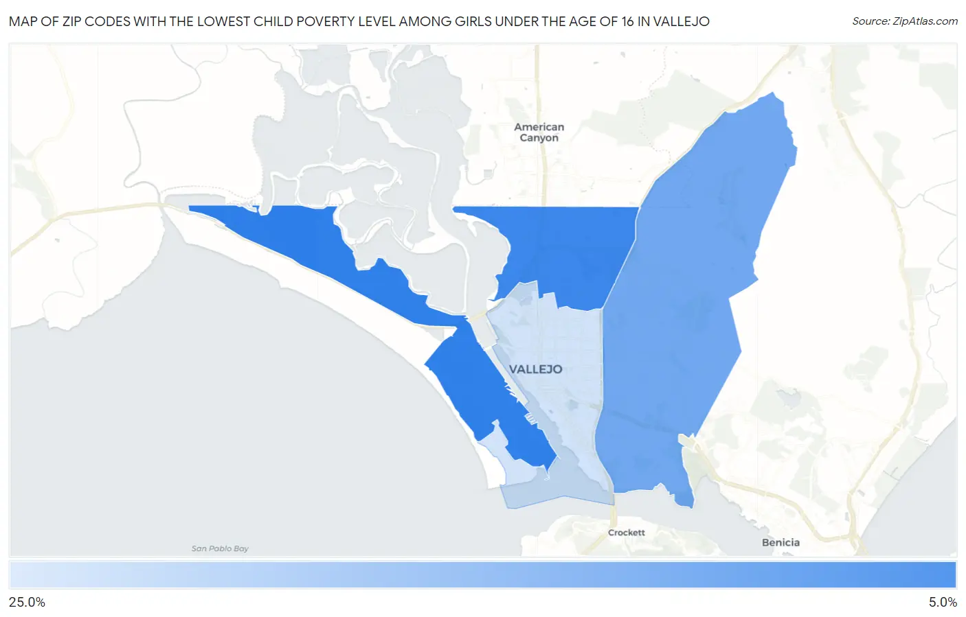 Zip Codes with the Lowest Child Poverty Level Among Girls Under the Age of 16 in Vallejo Map