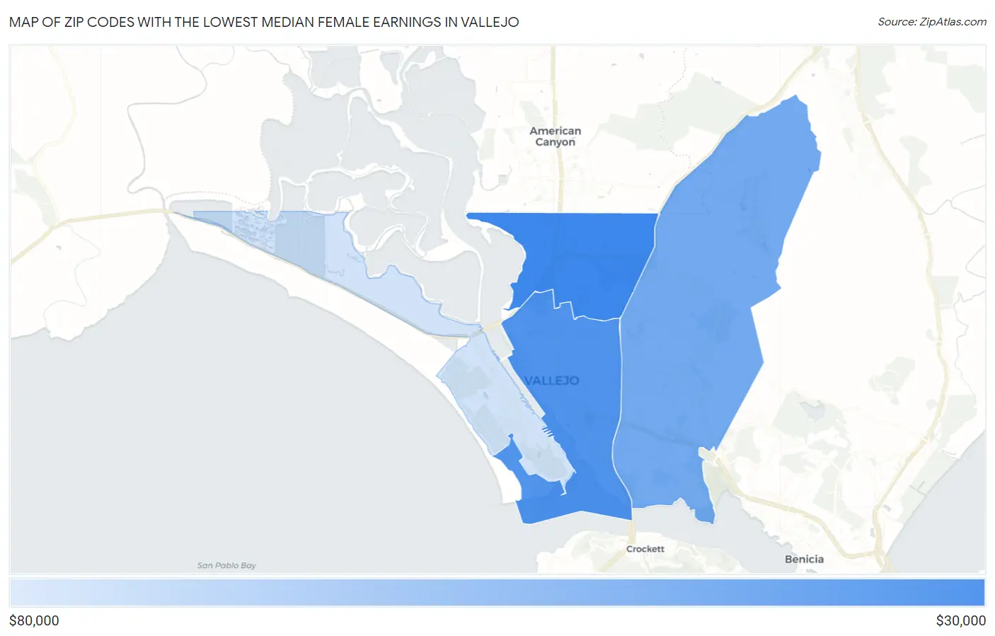Zip Codes with the Lowest Median Female Earnings in Vallejo Map