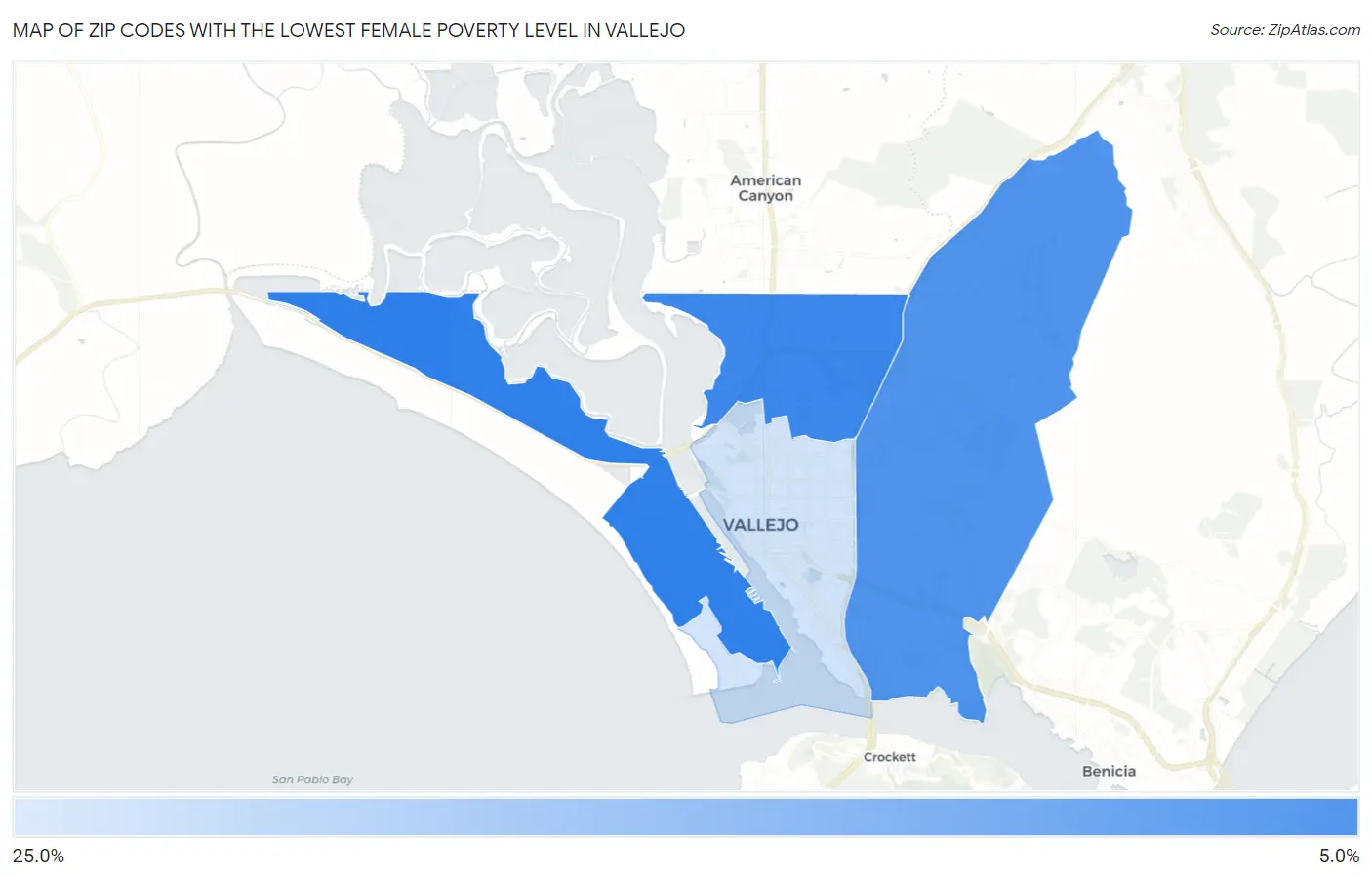 Zip Codes with the Lowest Female Poverty Level in Vallejo Map