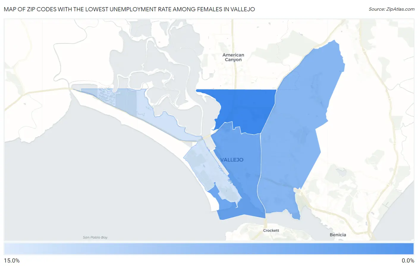 Zip Codes with the Lowest Unemployment Rate Among Females in Vallejo Map