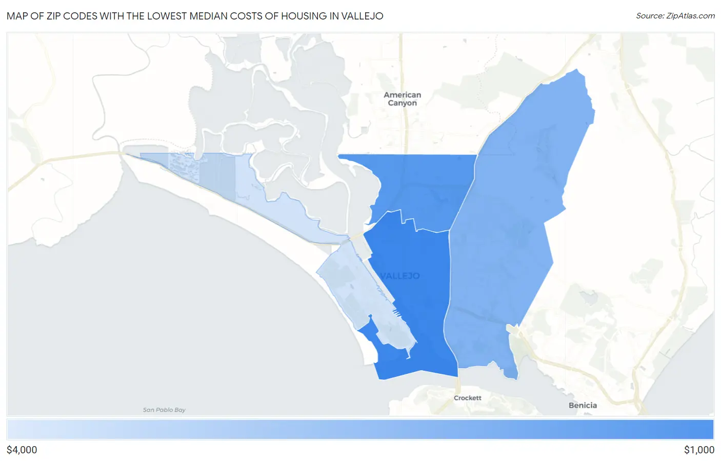 Zip Codes with the Lowest Median Costs of Housing in Vallejo Map