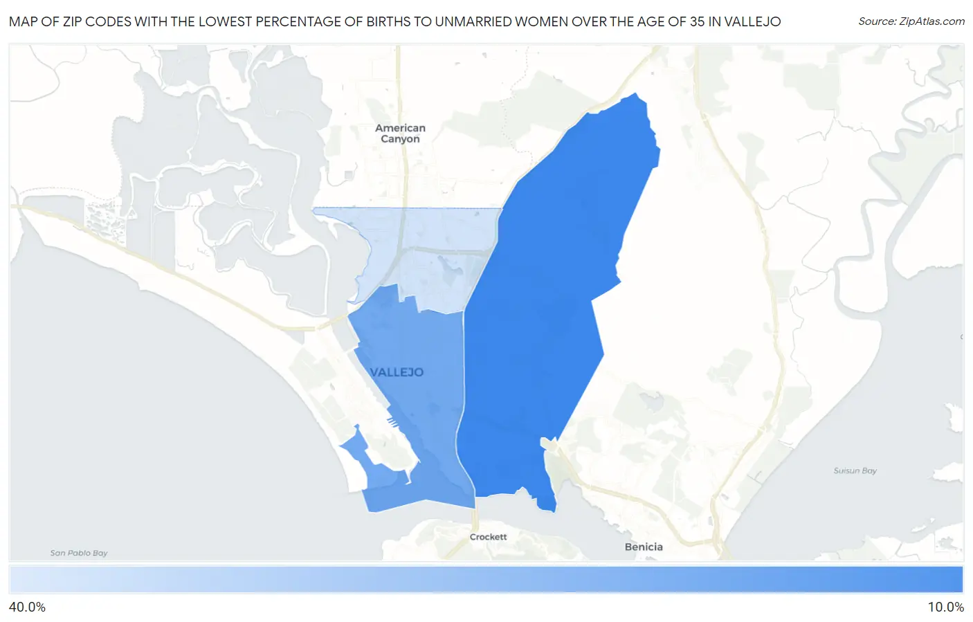 Zip Codes with the Lowest Percentage of Births to Unmarried Women over the Age of 35 in Vallejo Map