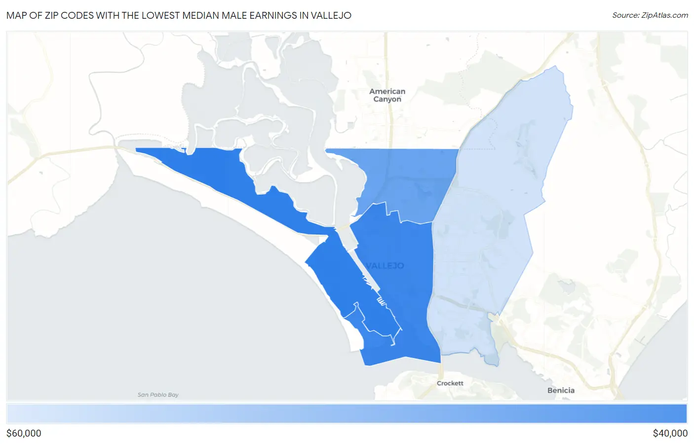 Zip Codes with the Lowest Median Male Earnings in Vallejo Map