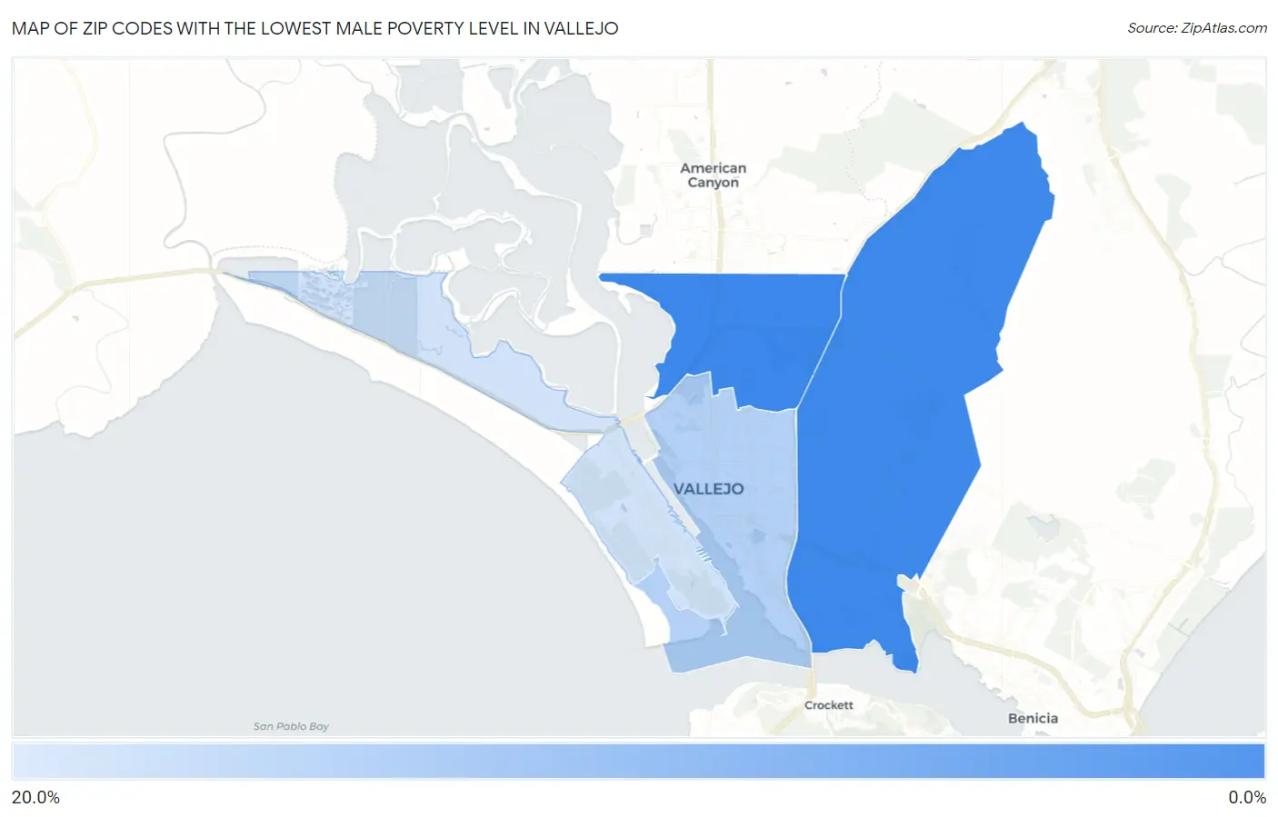 Zip Codes with the Lowest Male Poverty Level in Vallejo Map