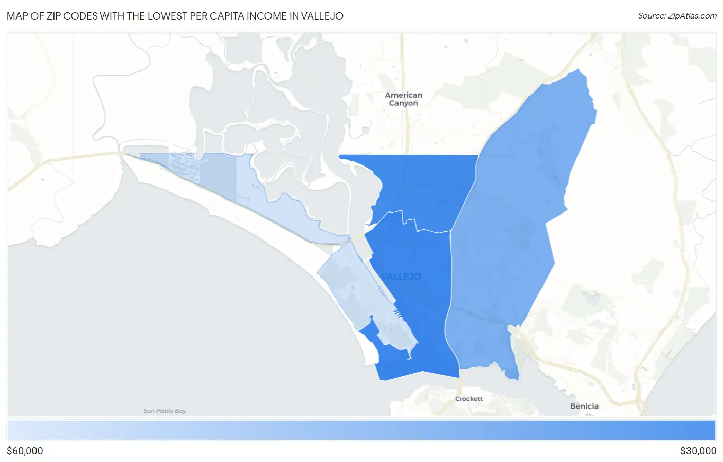 Zip Codes with the Lowest Per Capita Income in Vallejo Map