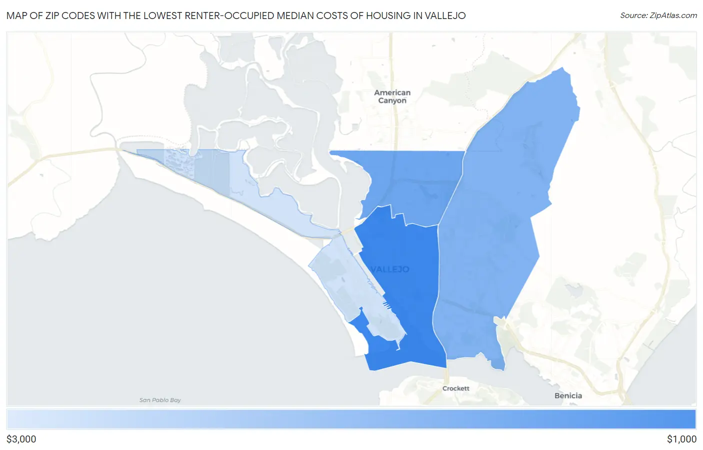 Zip Codes with the Lowest Renter-Occupied Median Costs of Housing in Vallejo Map