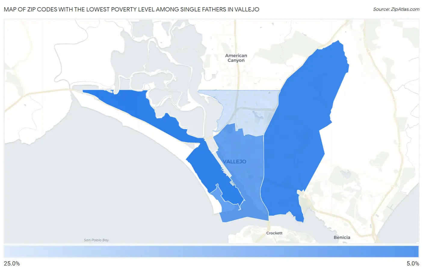 Zip Codes with the Lowest Poverty Level Among Single Fathers in Vallejo Map