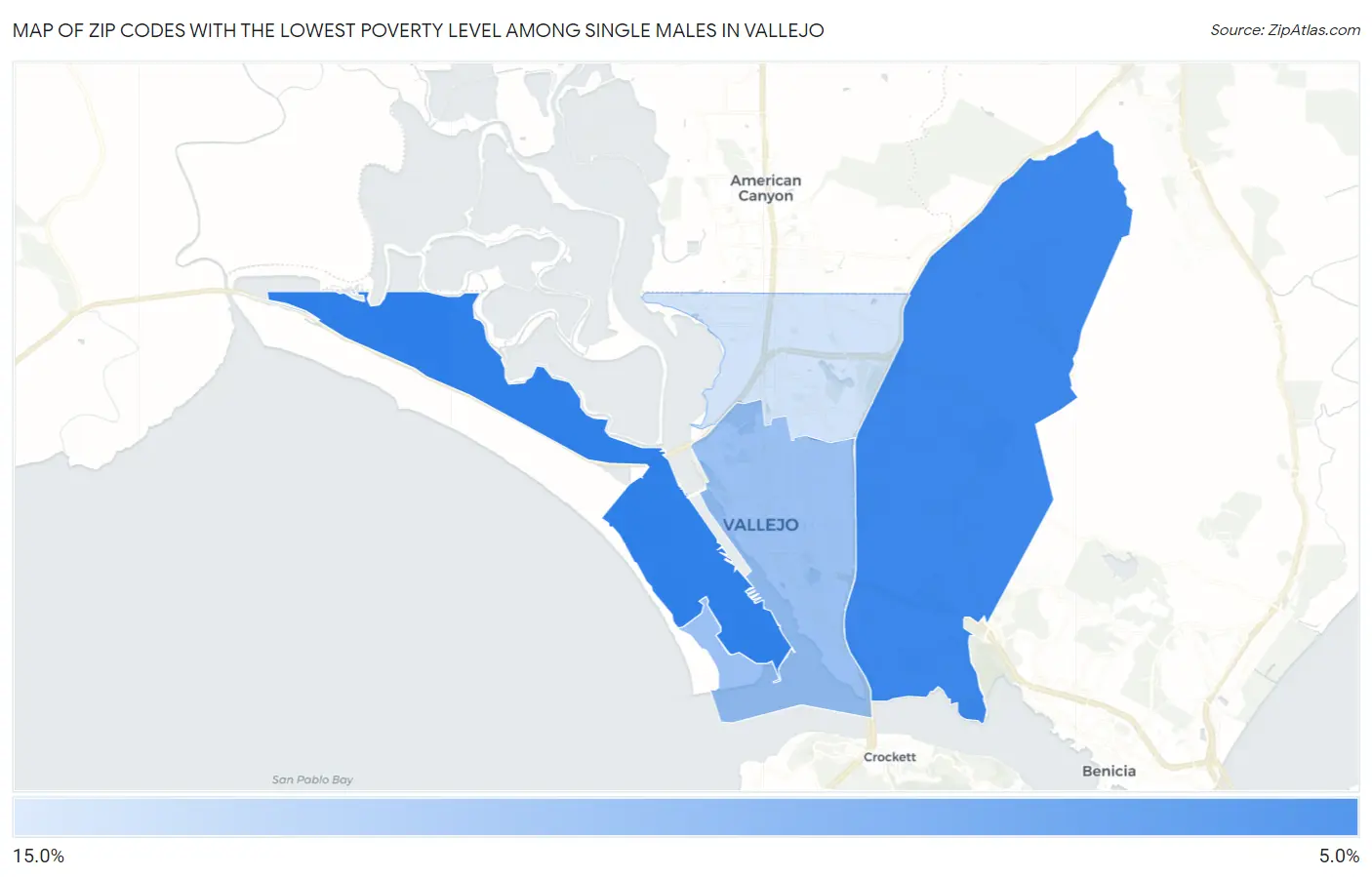 Zip Codes with the Lowest Poverty Level Among Single Males in Vallejo Map