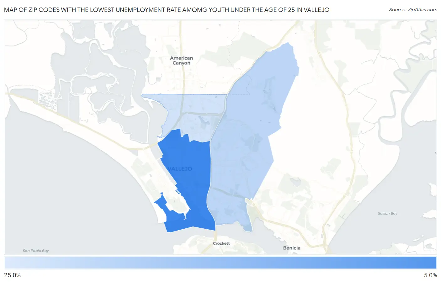 Zip Codes with the Lowest Unemployment Rate Amomg Youth Under the Age of 25 in Vallejo Map