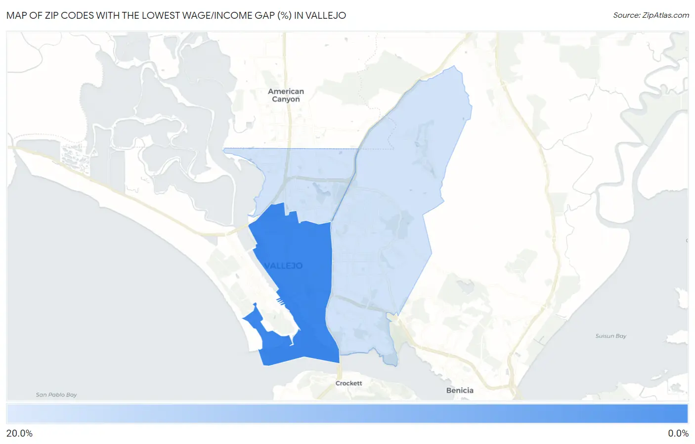 Zip Codes with the Lowest Wage/Income Gap (%) in Vallejo Map