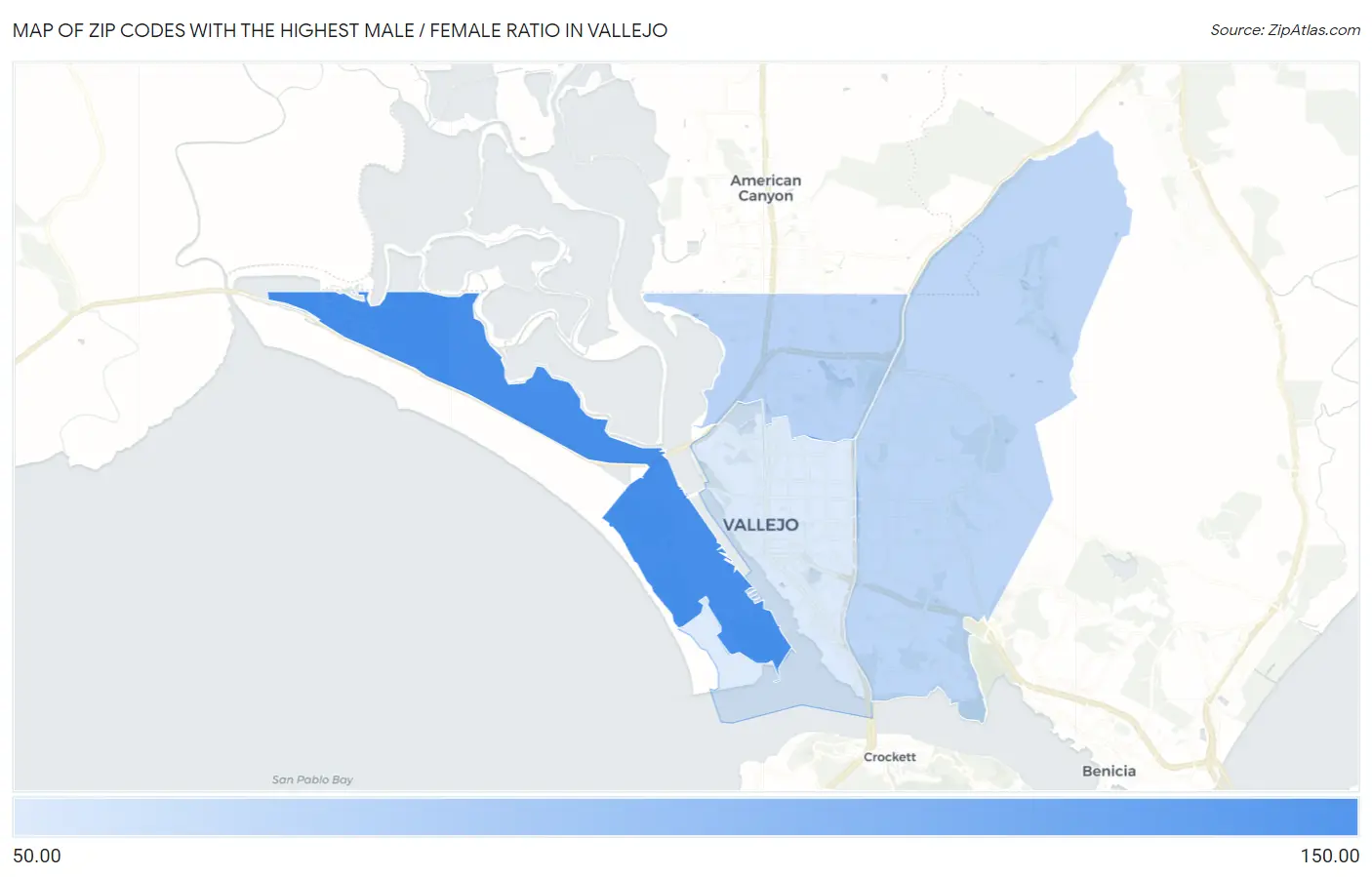Zip Codes with the Highest Male / Female Ratio in Vallejo Map