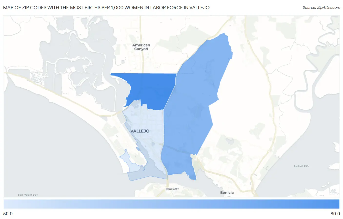 Zip Codes with the Most Births per 1,000 Women in Labor Force in Vallejo Map