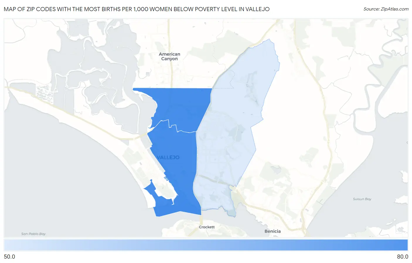 Zip Codes with the Most Births per 1,000 Women Below Poverty Level in Vallejo Map