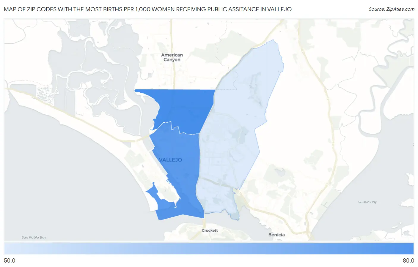 Zip Codes with the Most Births per 1,000 Women Receiving Public Assitance in Vallejo Map