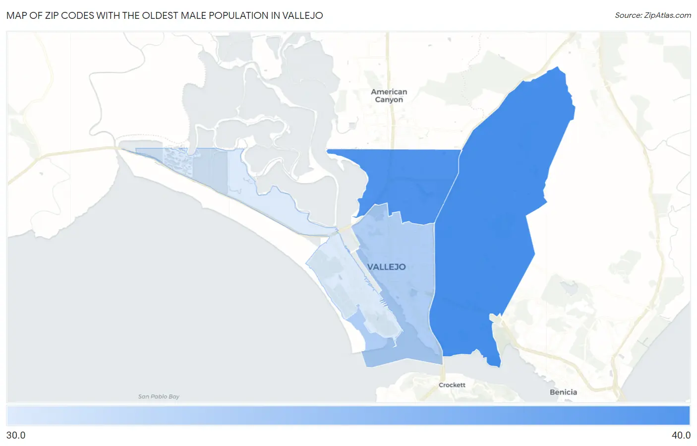 Zip Codes with the Oldest Male Population in Vallejo Map