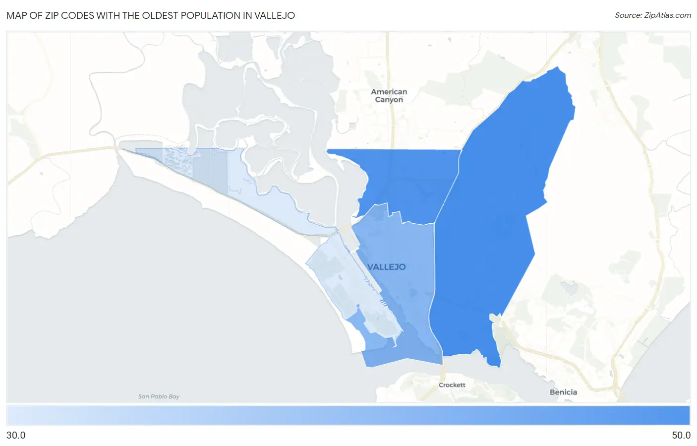 Zip Codes with the Oldest Population in Vallejo Map