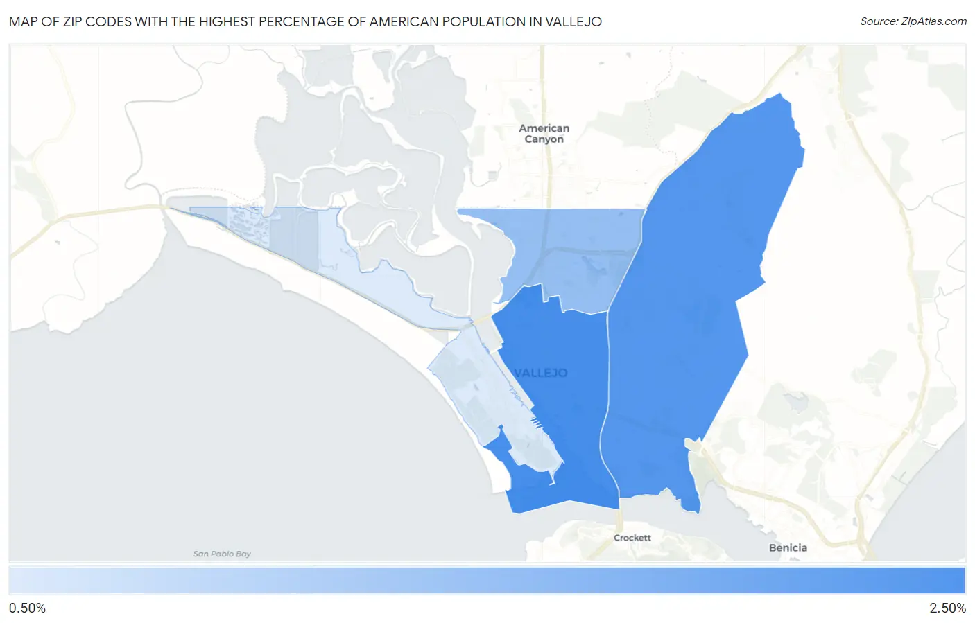Zip Codes with the Highest Percentage of American Population in Vallejo Map