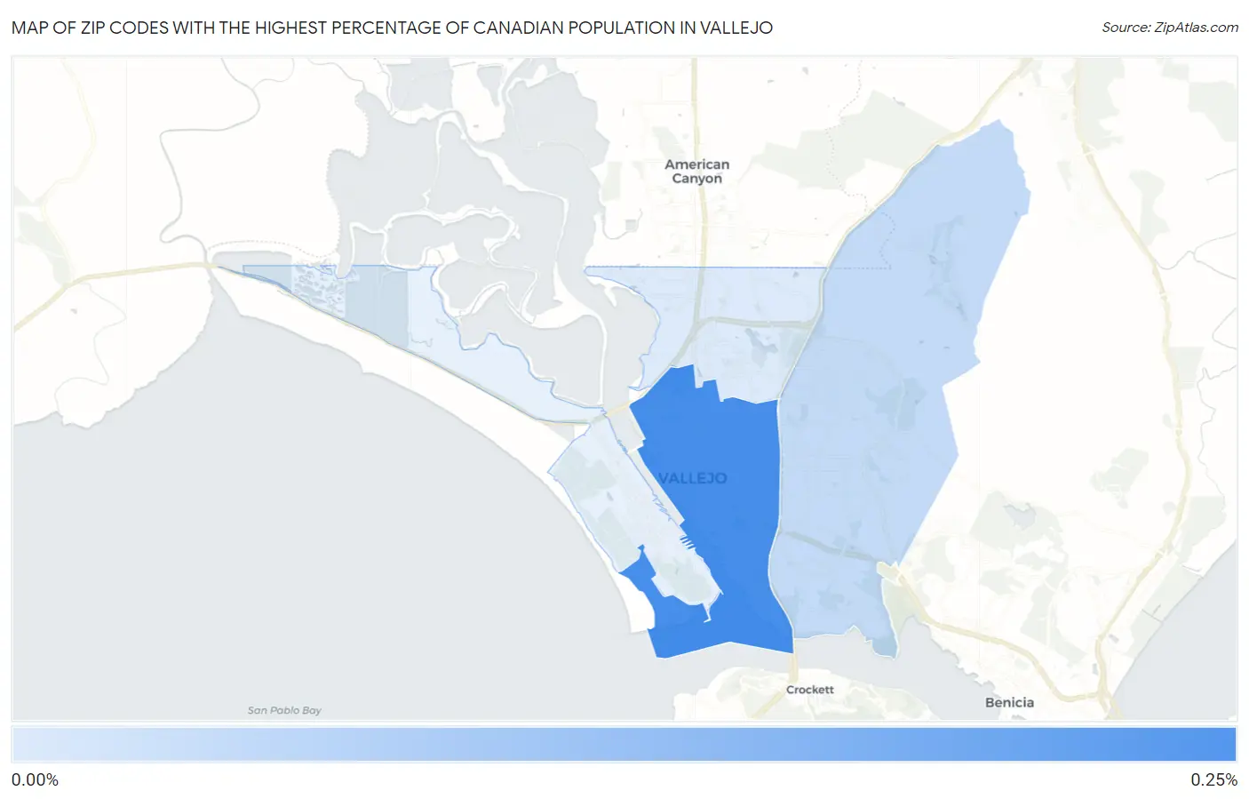 Zip Codes with the Highest Percentage of Canadian Population in Vallejo Map