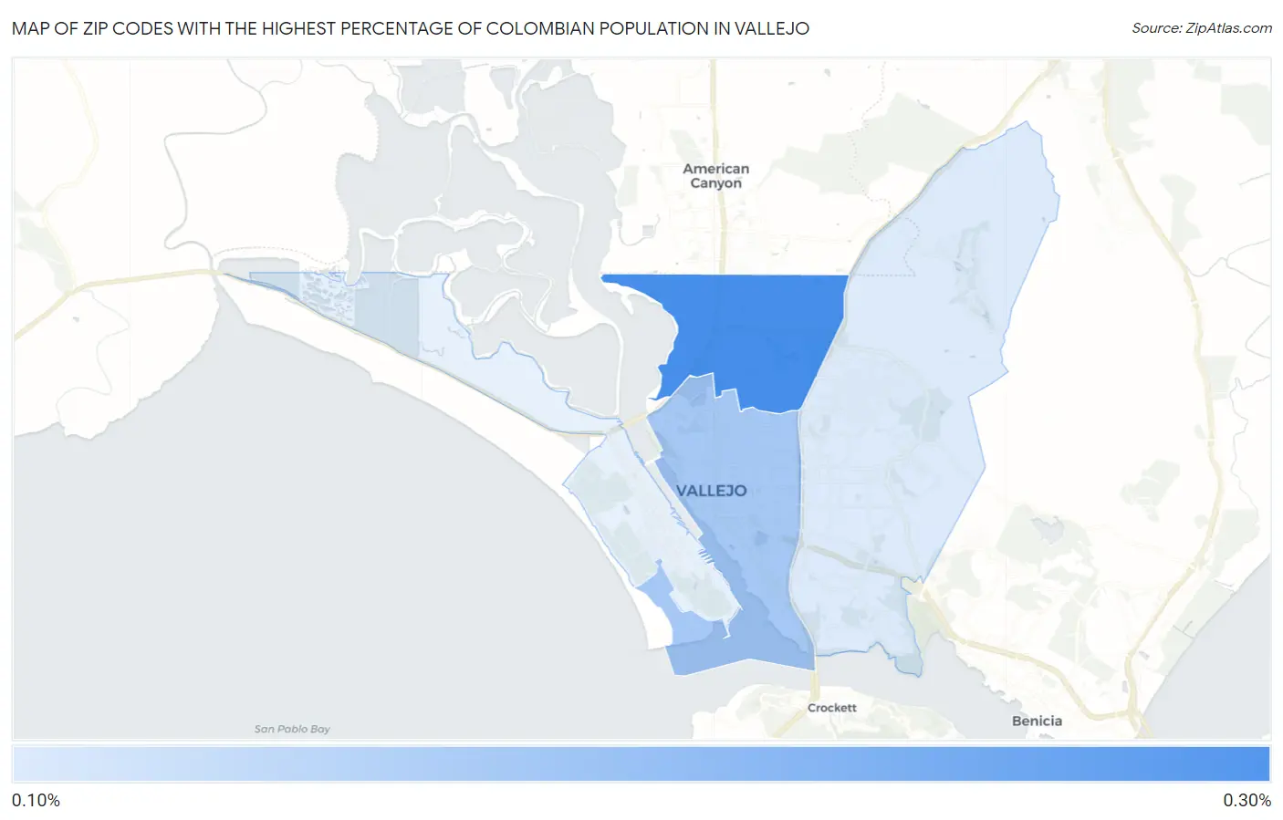 Zip Codes with the Highest Percentage of Colombian Population in Vallejo Map