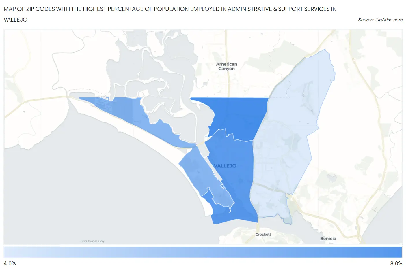 Zip Codes with the Highest Percentage of Population Employed in Administrative & Support Services in Vallejo Map