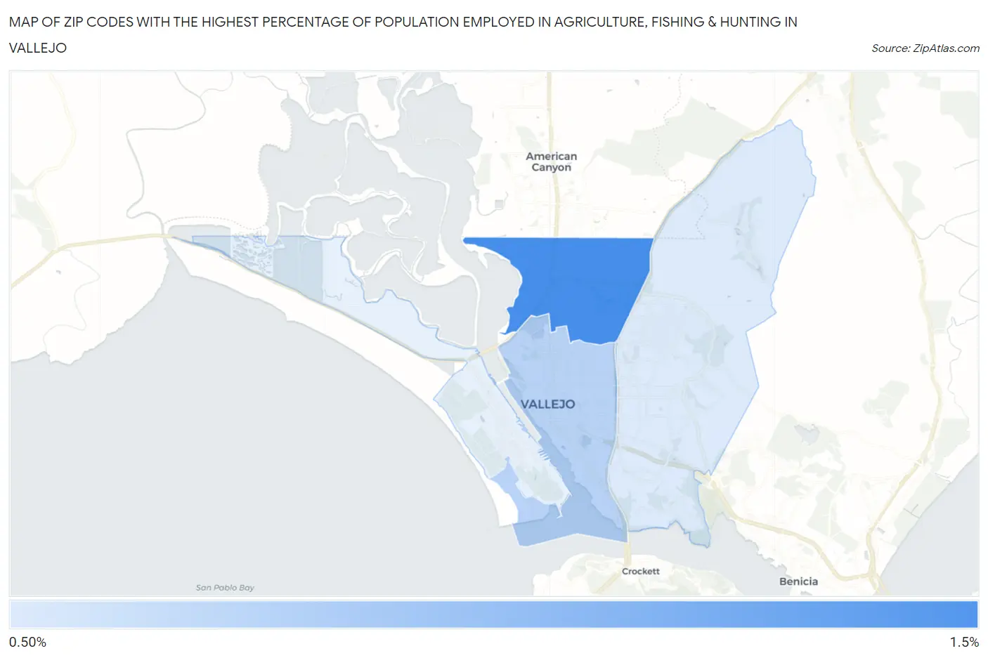 Zip Codes with the Highest Percentage of Population Employed in Agriculture, Fishing & Hunting in Vallejo Map