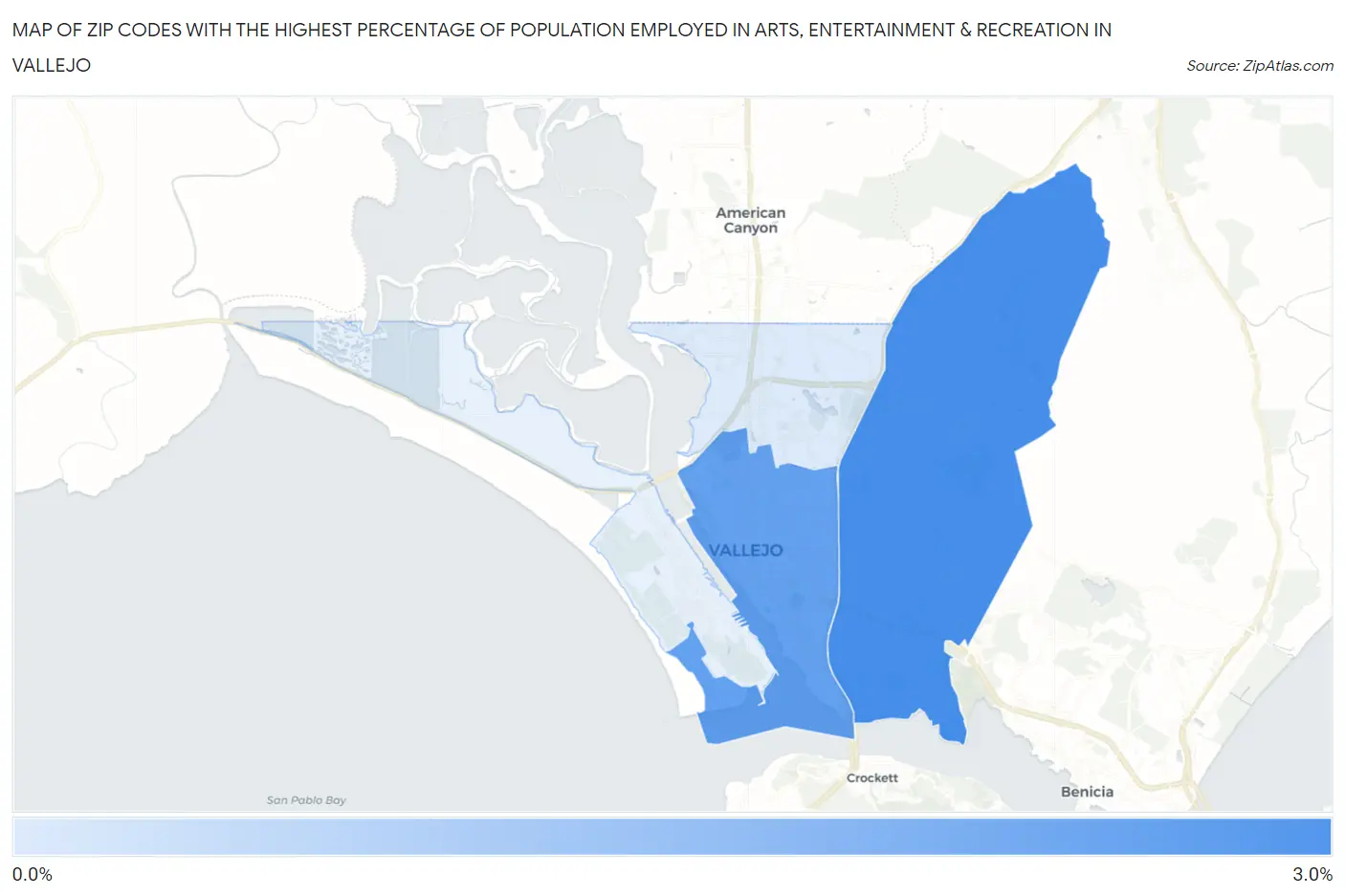 Zip Codes with the Highest Percentage of Population Employed in Arts, Entertainment & Recreation in Vallejo Map