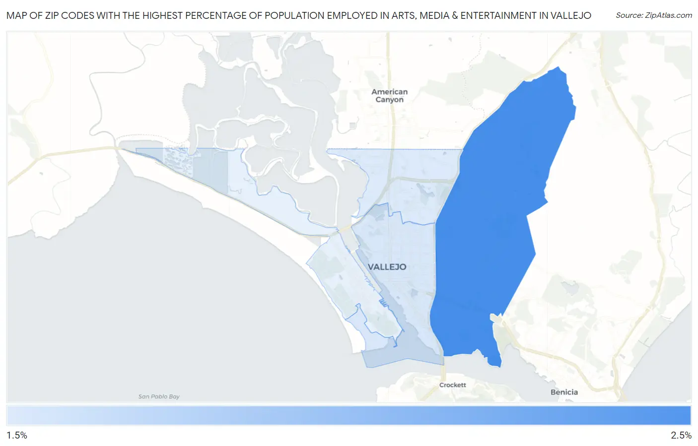 Zip Codes with the Highest Percentage of Population Employed in Arts, Media & Entertainment in Vallejo Map